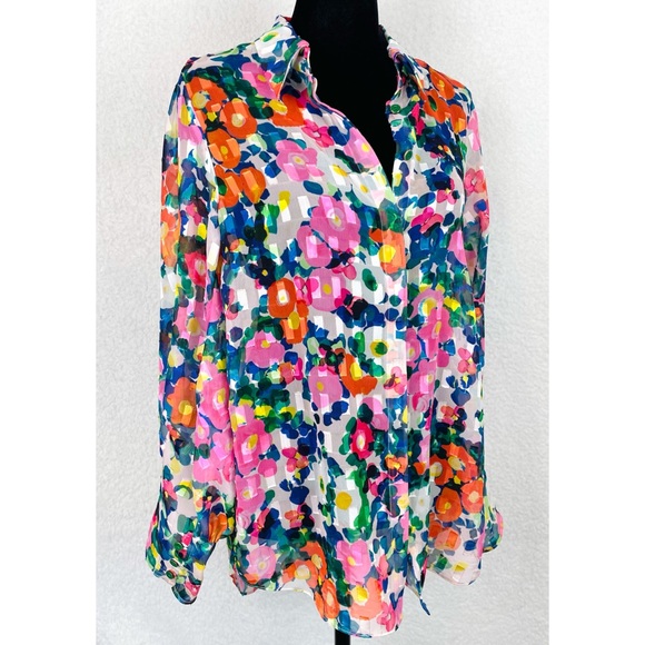 SALONI • Floral Semi-Sheer Long Sleeve Button-Down Shirt - Picture 3 of 16